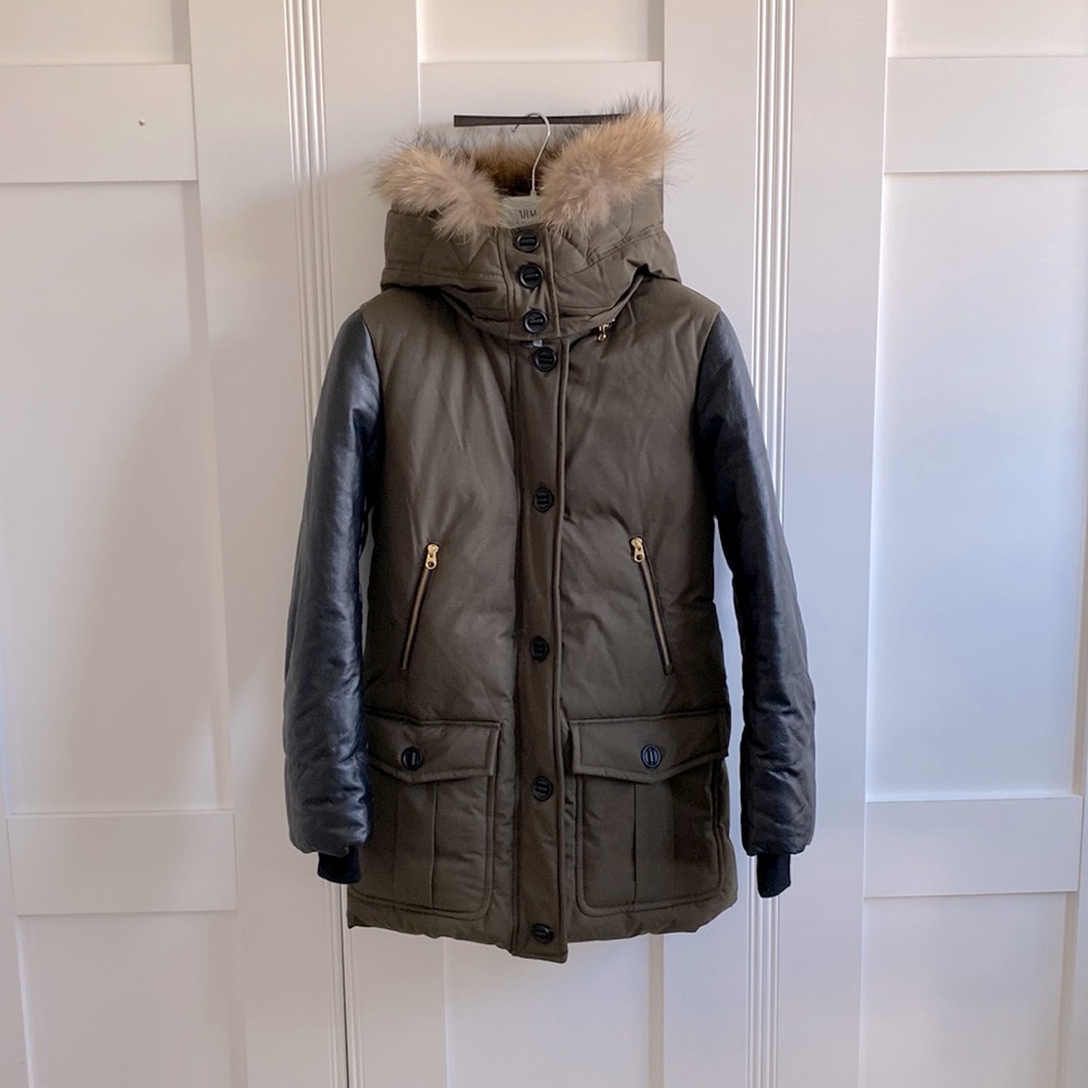 Mackage Olive Green Parka with Black Leather Sleeves and Fur Hood